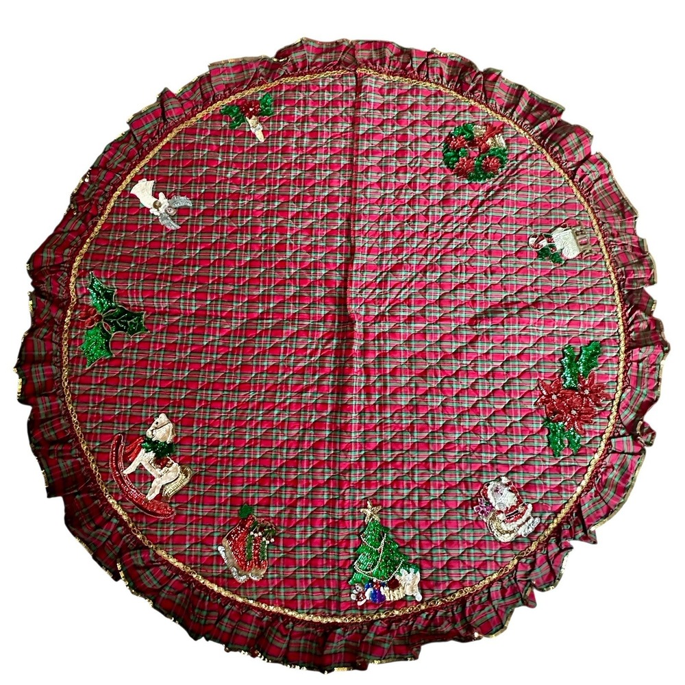 Vintage Christmas Santa Sequin Tree Skirt 57 Inch Plaid Santa Bells Angel Candle